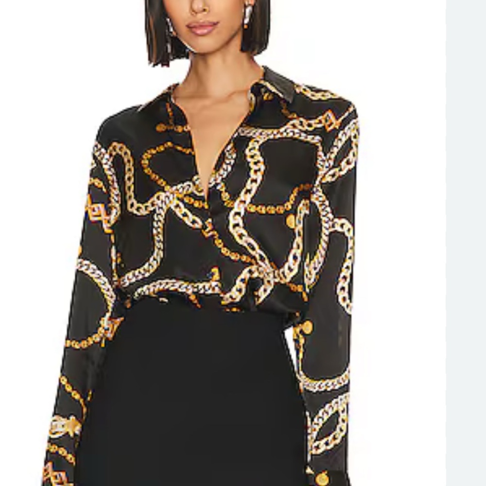 L'AGENCE 
Tyler Long Sleeve Blouse Black Gold Large Classic Chain